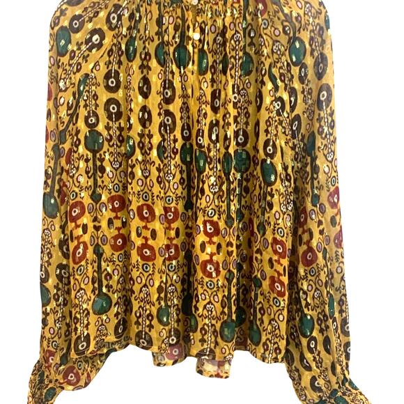 Oliphant high neck blouse gold lurex dot printed balloon sleeve‎ smocked  XS-M - Picture 3 of 9